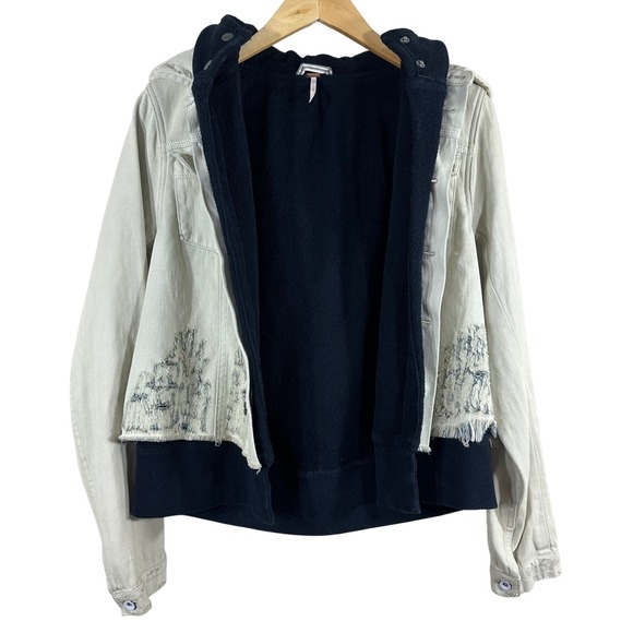 Free People Women's Denim JeanJacket Hooded Distressed Terry Lined Size S‎ - Picture 5 of 12